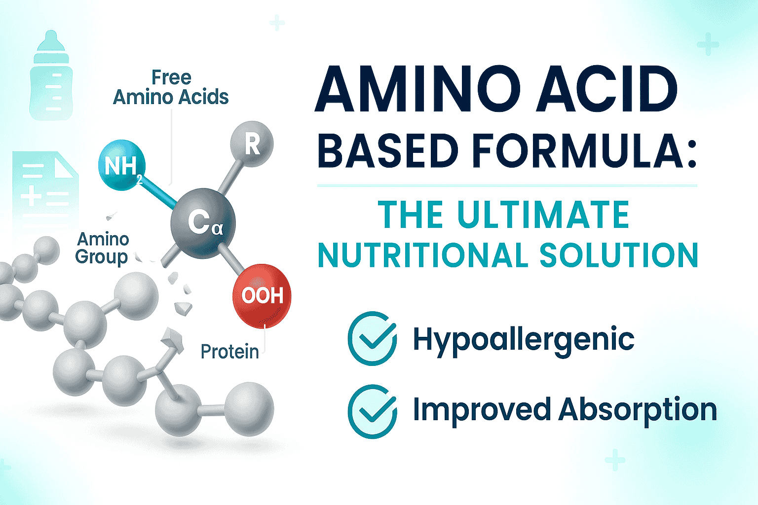 Amino acid based formula infographic showing molecular structure, digestion benefits, and hypoallergenic nutrition for infants