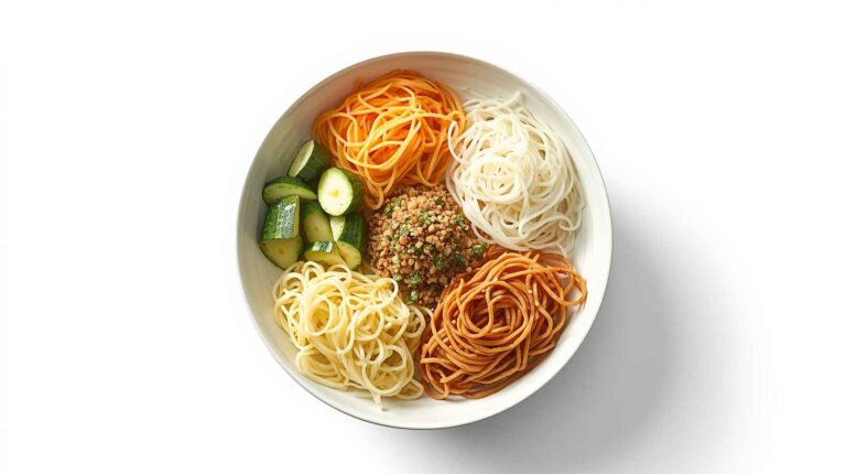 Assorted low carb pasta alternatives including zucchini noodles, shirataki noodles, spaghetti squash, and hearts of palm arranged in bowls.