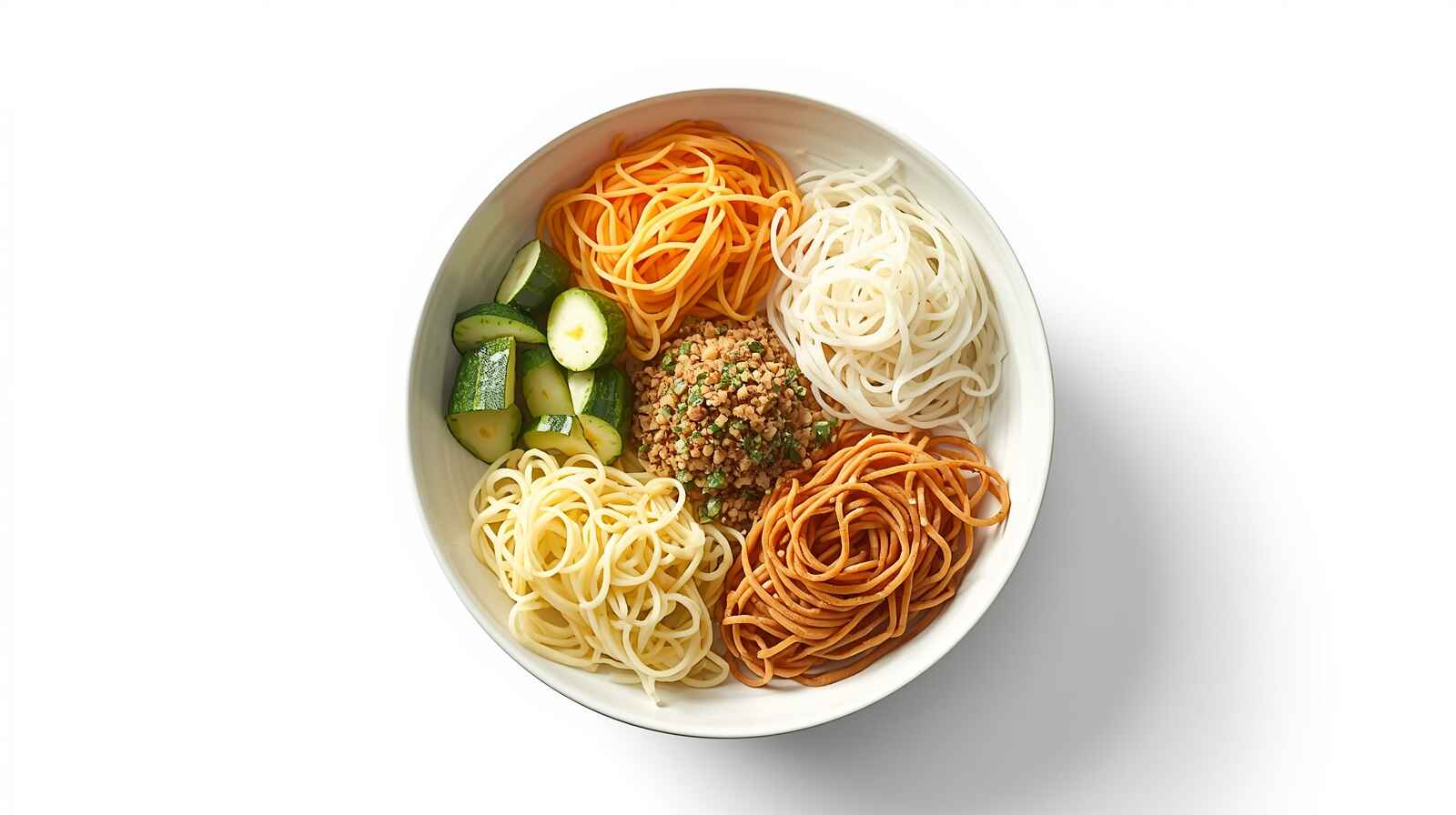 Assorted low carb pasta alternatives including zucchini noodles, shirataki noodles, spaghetti squash, and hearts of palm arranged in bowls.